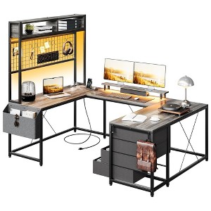 U Shaped Computer Desk with Monitor Stand and LED Lights, Computer Gaming Desk with Storage Shelves - 1 of 4