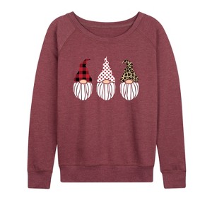 Women's - Instant Message - Plaid Leopard Print Gnomes Lightweight French Terry Wide Neck Long Sleeve Graphic Shirt - 1 of 4