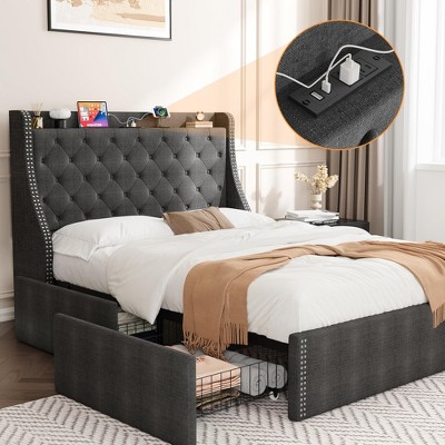 Bed Frame with 4 Underbed Storage Drawers & Wingback Headboard, Built-in Charging Station Ports, No Box Spring Needed, Sturdy Steel Frame
