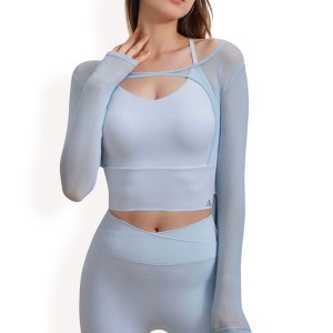 Anna-Kaci Active Women's Long Sleeve Mesh Cropped Activewear Top with Cutout Detail and Sheer Sleeves - Small, Light Beige - 1 of 4
