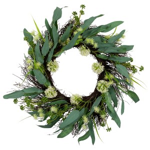 Northlight Olive Leaf and Floral Twig Spring Wreath - 23" - Green and White - 1 of 4