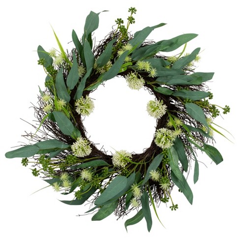 Northlight Olive Leaf and Floral Twig Spring Wreath - 23" - Green and White - image 1 of 4