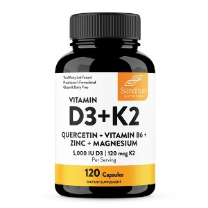 Sandhu's Vitamin D3 K2 5000IU, 120 mcg Capsules 120 Count with Magnesium, Vit B6, Zinc & Quercetin, Supports Energy, Immune, Bone & Muscle Health - 1 of 4
