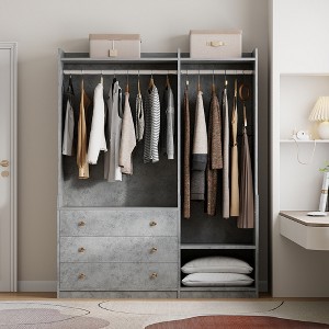 TIRAMISUBEST Open Style Storage Wardrobe with 2 Hanging Rods, Bedroom Armoire Closet with 3 Storage Drawers and Open Shelf - 1 of 4