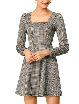 Allegra K Women's Fall Vintage Square Neck Long Sleeve Plaid Dress