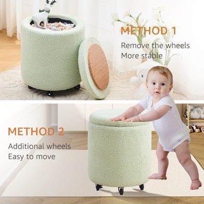 Green Teddy Velvet Round Storage Ottoman with Wheels