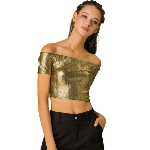 Allegra K Women's Off Shoulder Party Club Slim Fit Shiny Metallic Crop Top - image 1 of 4