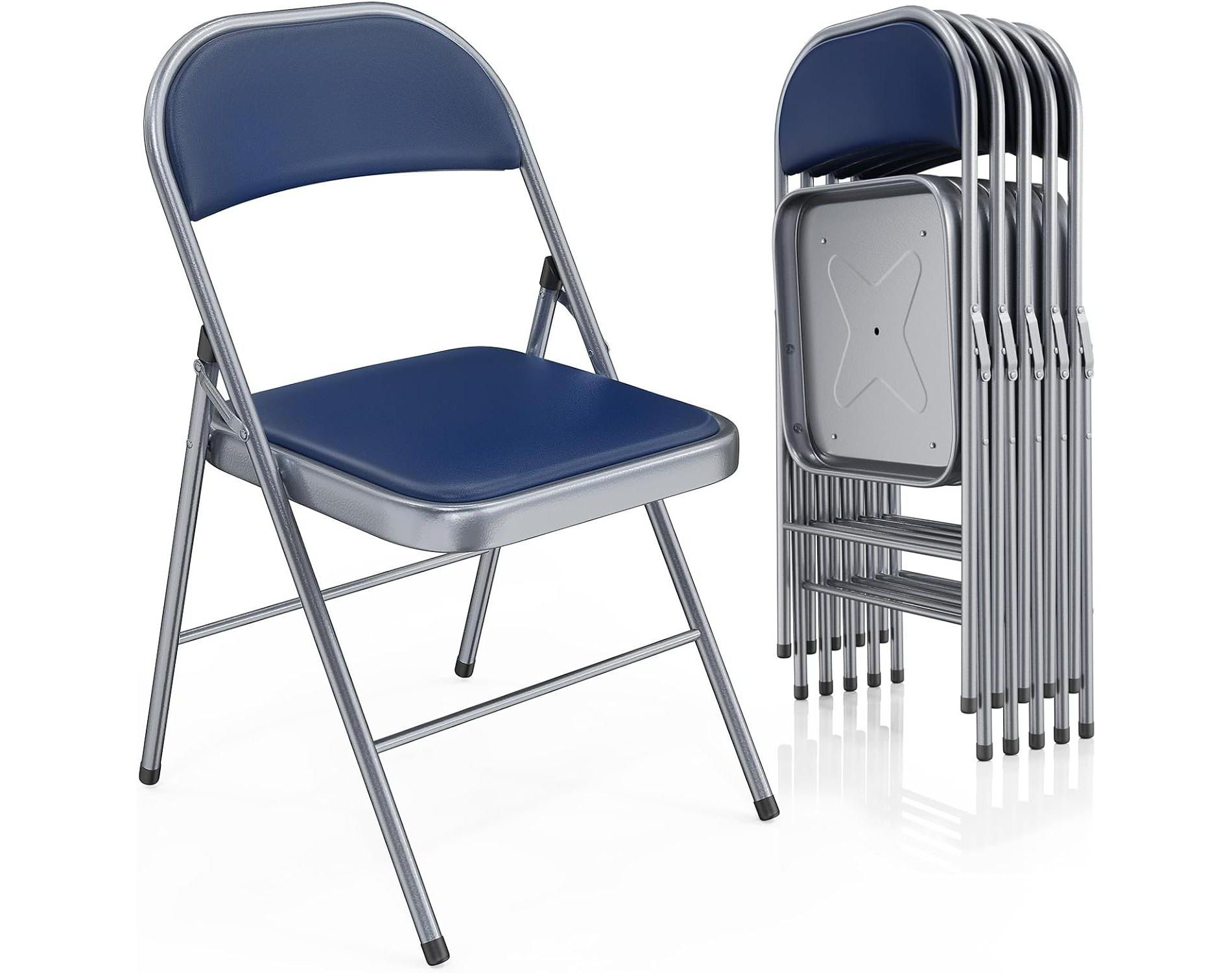 VINGLI 6 Pack Folding Chairs with Padded Seats, Metal Frame with Pu Leather Seat & Back, Capacity 350 lbs, Blue