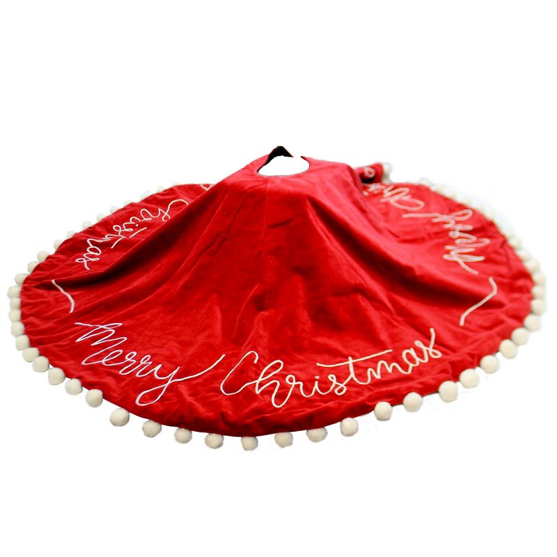 Christmas 50.0" Merry Christmas Tree Skirt Red Velour Pom Poms Stitching Primitives By Kathy  -  Tree Skirts, 1 of 5
