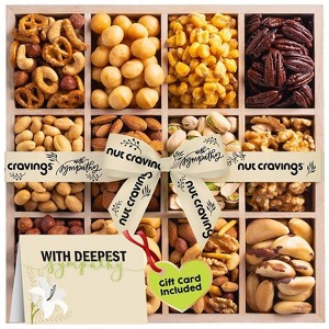Nut Cravings Sympathy Gift Basket Premium Nuts in Wooden Tray, Healthy Kosher Snack Tray (12 Assortments) - 1 of 4
