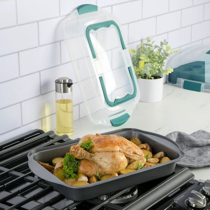 Spice By Tia Mowry Rectangle Carbon Steel Roaster With Carrier in Teal, 2 of 6