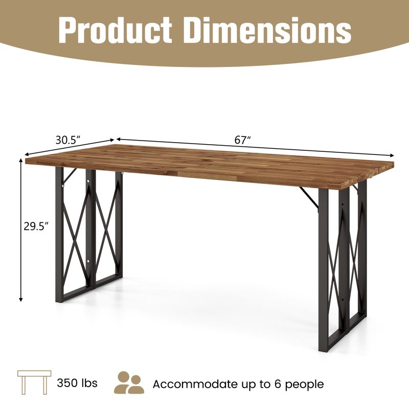 Tangkula 67" Heavy-Duty Rectangle Table Acacia Wood Dining Table w/ Umbrella Hole Patio, 4 of 5