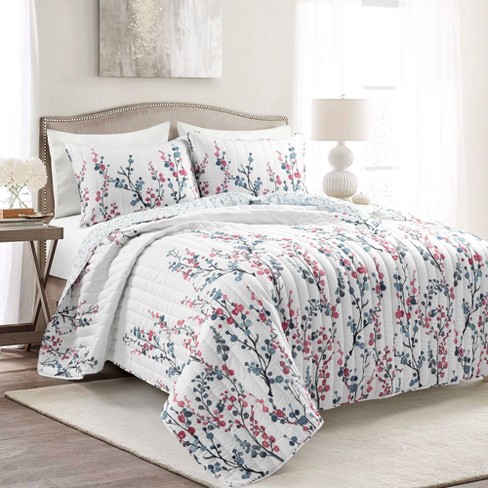 3pc King Mirabelle Watercolor Floral Reversible Quilt Set Blue/Coral - Lush  Décor