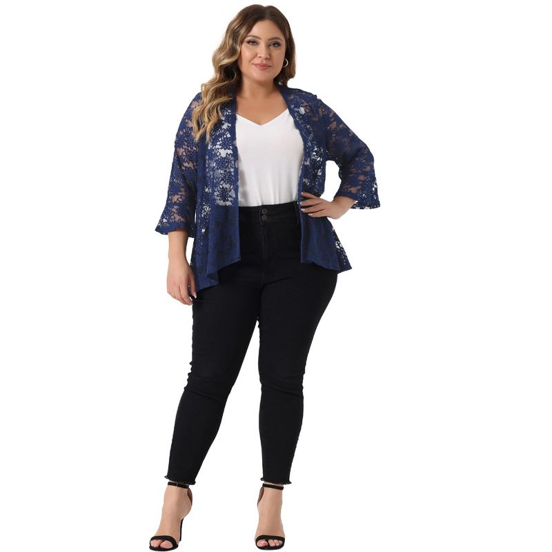 Agnes Orinda Women' s Plus Size Casual Open Front 3/4 Sleeve Sheer Lace Cardigan, 3 of 6