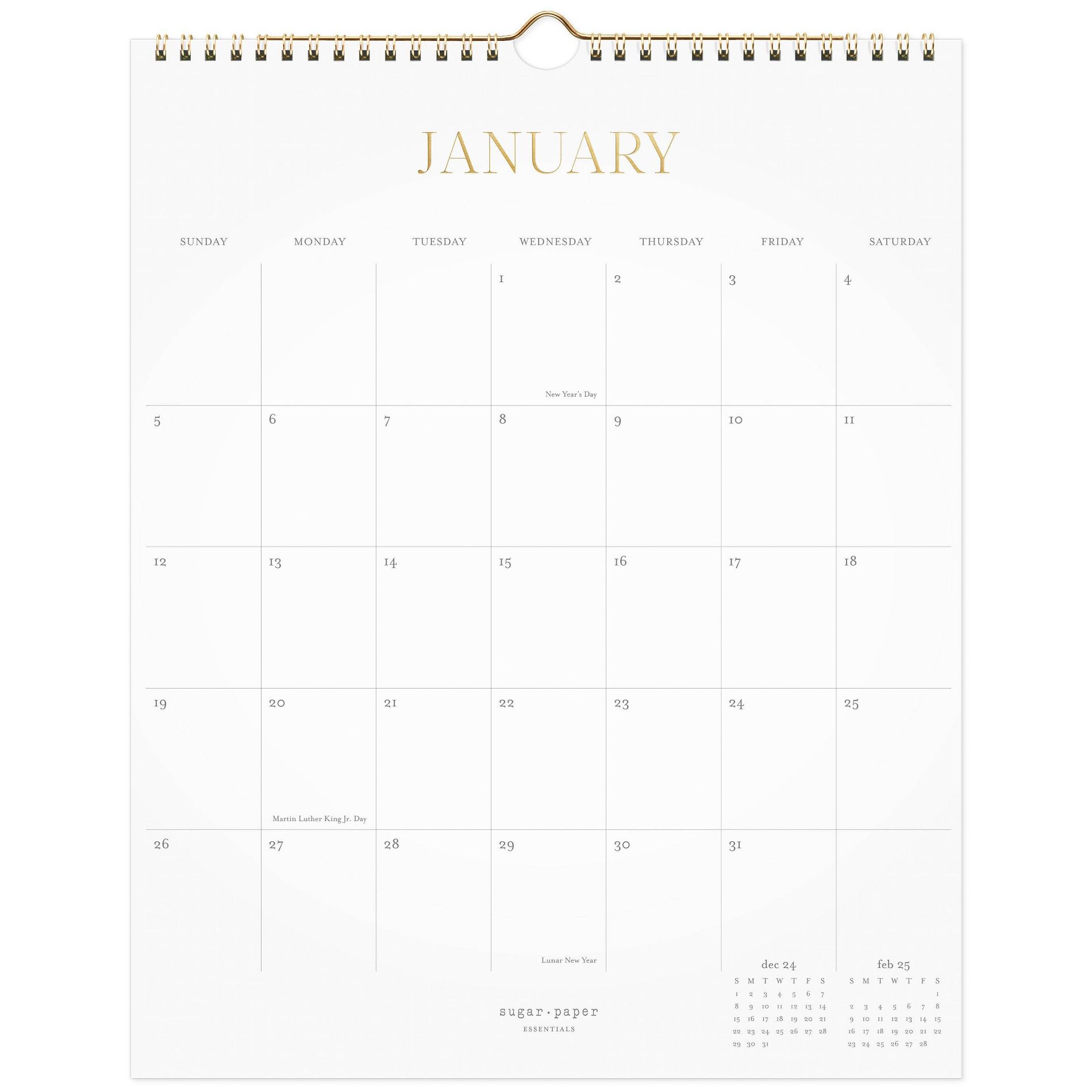 Sugar Paper Essentials 2025 Wall Calendar 15"x12" White: Monthly Planner for Adults, Twin-Wire Binding, January-December