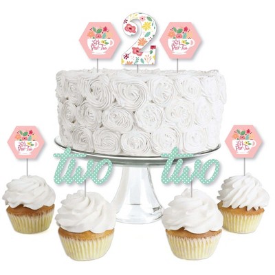 Big Dot of Happiness 2nd Birthday Tea for Two - Dessert Cupcake Toppers - Garden Second Birthday Party Clear Treat Picks - Set of 24