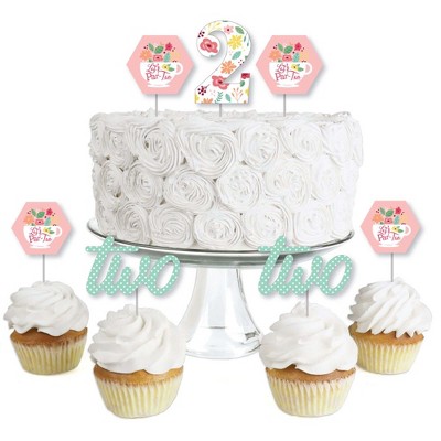 Big Dot of Happiness 2nd Birthday Tea for Two - Dessert Cupcake Toppers - Garden Second Birthday Party Clear Treat Picks - Set of 24