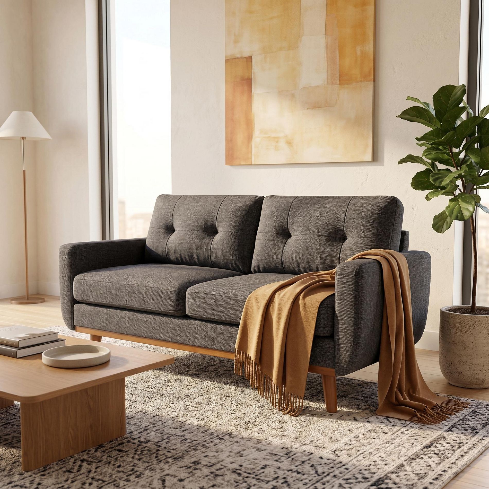 67.7" Warm Khaki Mid-Century Modern Tufted Upholstered Loveseat Sofa 2-Seat Small Space Couch with Wood Legs for Dorm, Apartment, Living Room