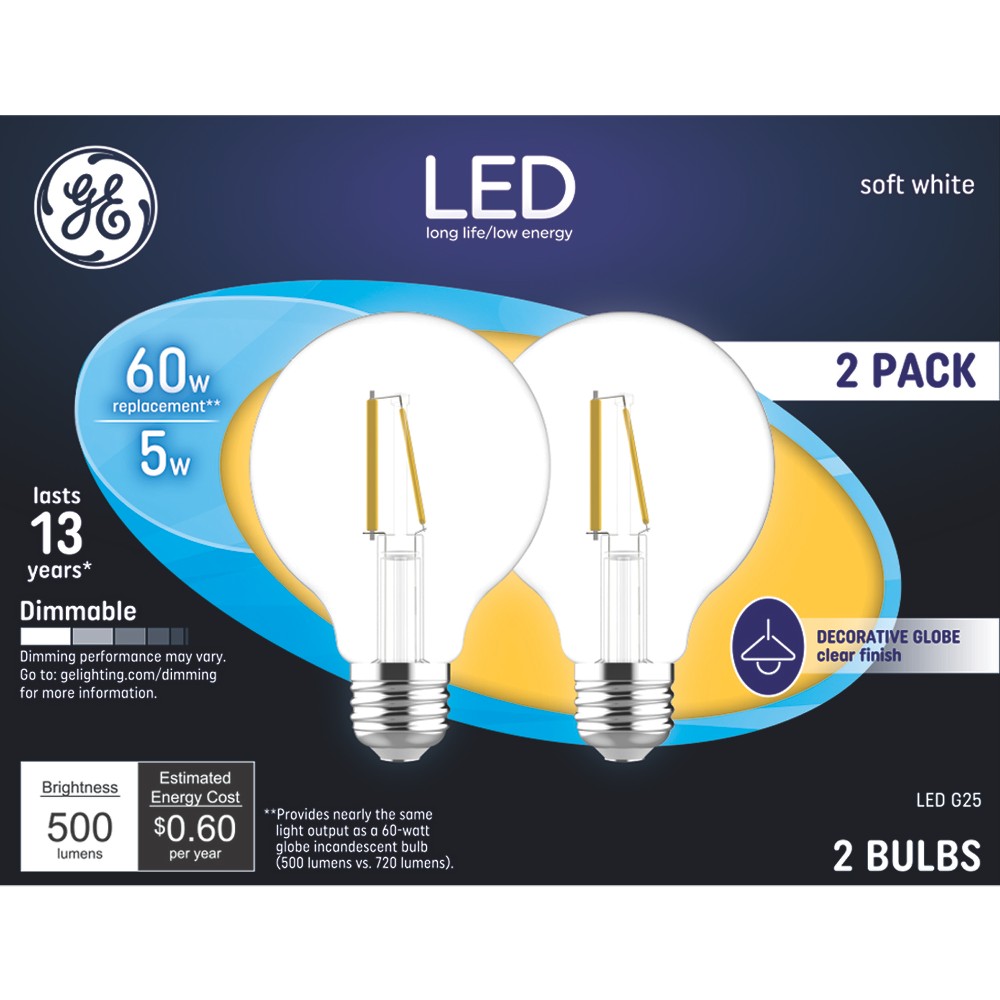 GE 2pk 60W G25 LED Globe Filament Clear Light Bulbs Soft White