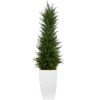 Nearly Natural 3.5-ft Cypress Artificial Tree in White Metal Planter UV Resistant (Indoor/Outdoor)