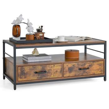 Costway Coffee Table with Storage Drawers& Shelf Coffee Table with Metal Frame for Living Room