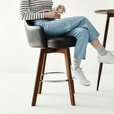 Edward Black Faux Leather Swivel Bar Stool with Rubberwood Legs