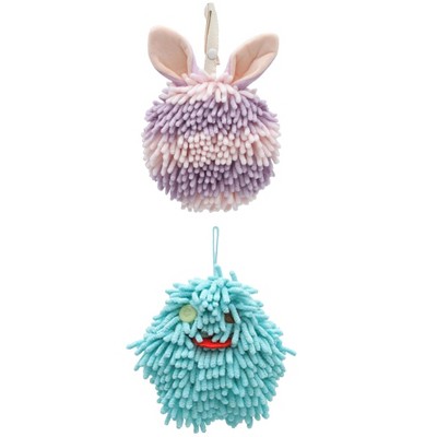 REGALWOVEN 2 Packs Fluffy Chenille Rabbit Shape Cute Soft Absorbent Hanging Ball Hand Towels 7" x 7"