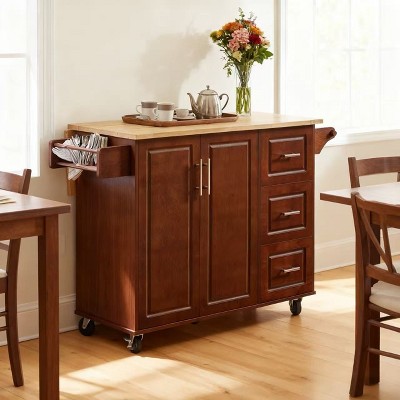 Homy Casa Kitchen Island with Storage Cabinets, 3 Drawers, and Drop Leaf Countertop on Rolling Wheels for Dining Room, Walnut