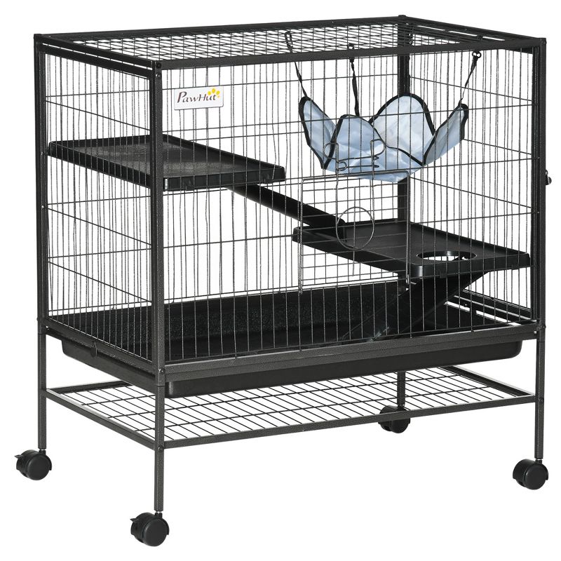 PawHut 3-Storey Small Animal Cage, Metal Ferret Cage, Chinchilla Play House, with Casters Hammock No Leaking Tray Storage Shelf, 31.5"x20.5"x33", 1 of 7