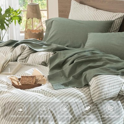 Der Rose BALHAM TRADE-Queen 100% Washed Cotton Linen Like Bedding Sheet Set Breathable Durable Soft Comfy Heathered Sage Green-Queen 90"x102" — фото 5