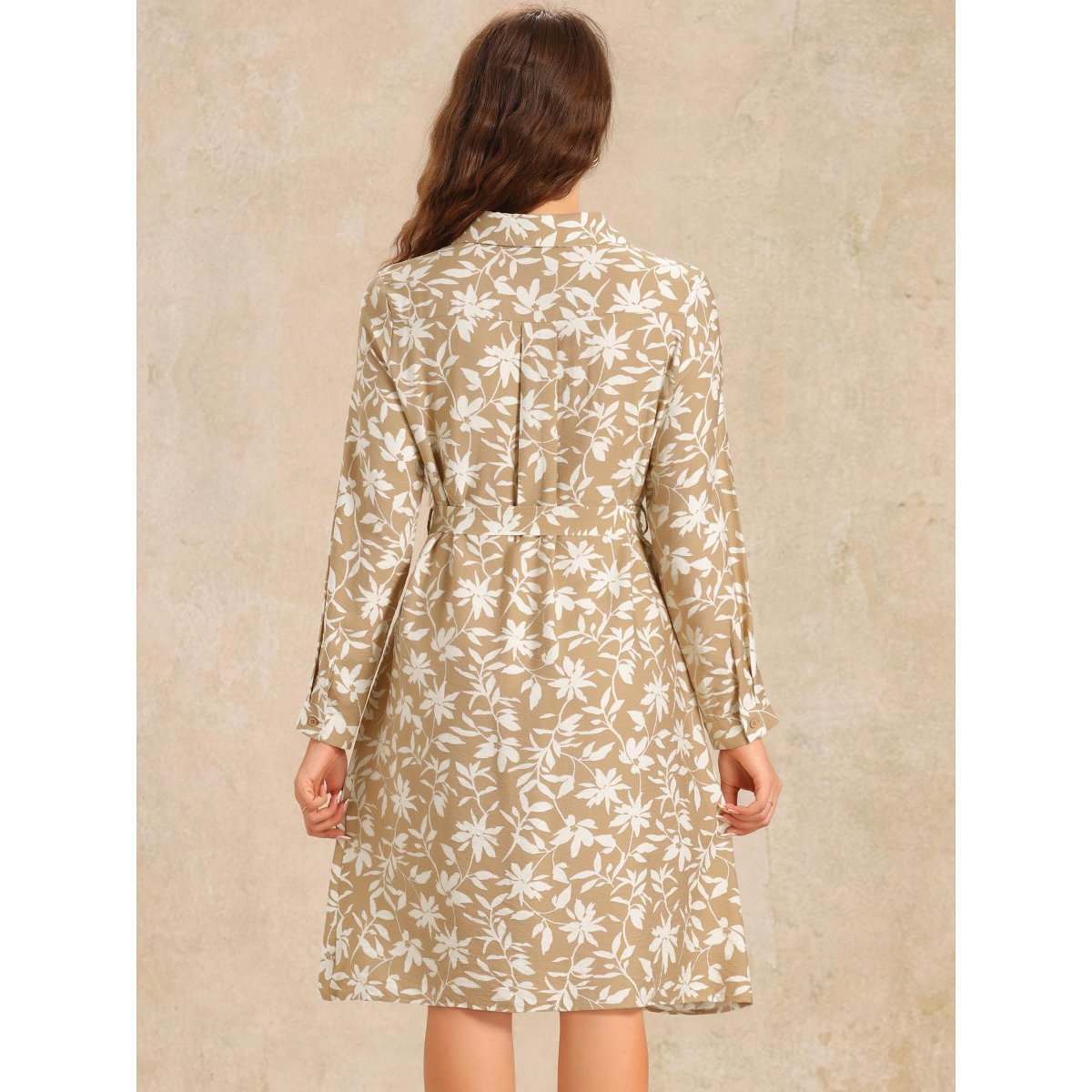 Женские платья INSPIRE CHIC Women's Floral Turndown Collar Long Sleeve Slit Tie Waist Shirt Dresses Khaki Medium — фото 3