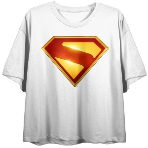 Superman Movie 2025 S Letter inside Diamond Shape, Red and Yellow Emblem, Symbol, Superhero, Power, on White Short Sleeve Adult Crop T-Shirt - 1 of 3