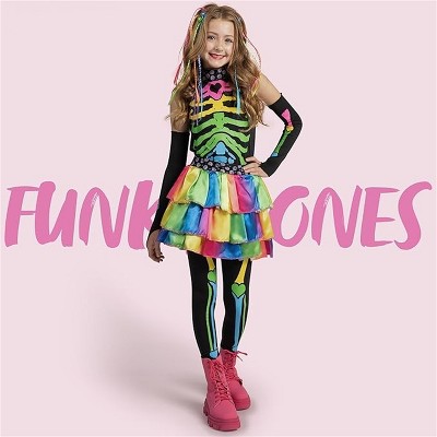Joyfy Kids Deluxe Halloween Skeleton Costume Outfit Set , Funky Colorful Bone Skeleton Costume for Girls Role Play Dress up Party