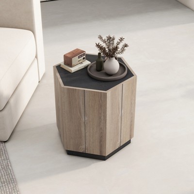 Retro Wood Coffee Table, Hexagonal Textured Black Warm Oak Corner Table with Drawer Storage Wood Center Circle Accent Table for Living Room, Bedroom