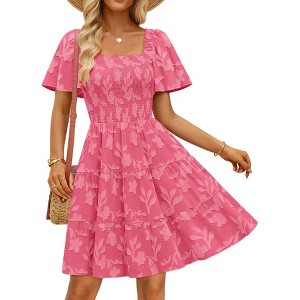 Womens Summer Floral Dress Casual Short Sleeve Square Neck Boho Flowy a  Line Mini Dresses : Target