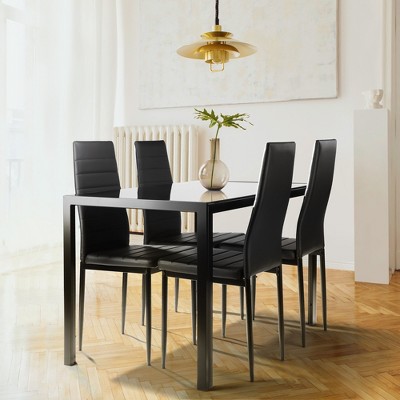 VYNXARIA 5 Pieces Dining Table Set for 4,Kitchen Room Tempered Glass Dining Table ,4 Faux Leather Chairs ,Black
