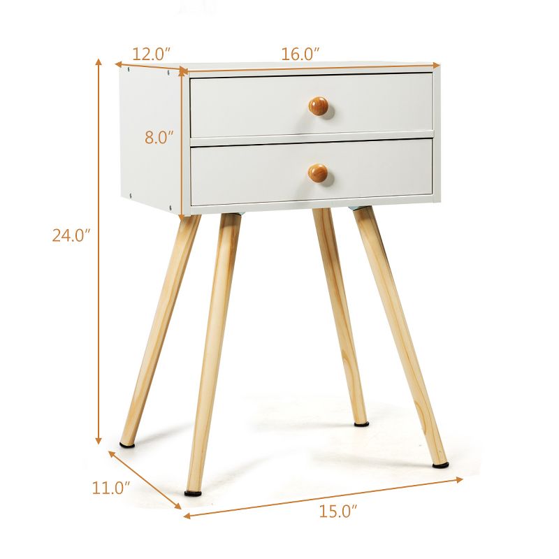 Costway Mid Century Modern 2 Drawers Nightstand In White Sofa Side Table End Table, 3 of 11