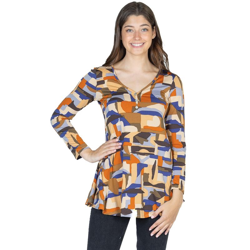 24seven Comfort Apparel Womens Orange Print Long Sleeve V Neck Tunic Top, 2 of 5