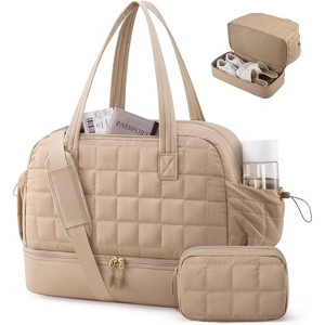 Large Puffer Travel Duffle Bag with Shoe Compartment, Carry On for Women, Hospital and Gym Tote with Toiletry Bag - 1 of 4