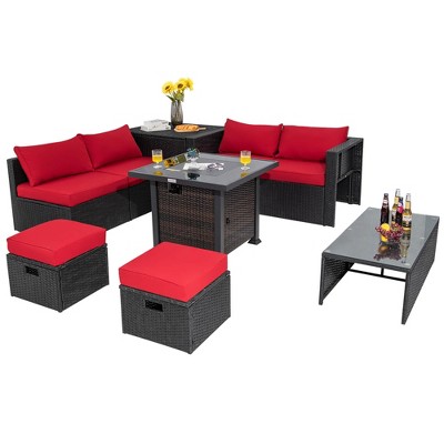 Tangkula 9PCS Furniture Set w/ 32" Fire Pit Table 50,000 BTU Square Propane Fire Pit Patio Red