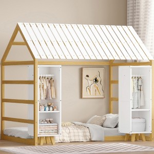 Twin Size Floor Bed with 2 Movable Wardrobes and Low Design,Platform Bed Frame W/Roof & Slat,Floor House Bed frame for Kids, Easy Assembly - 1 of 4