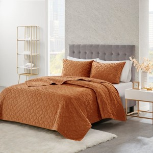 FIONECA 3-Piece Luxe Antimicrobial Velvet Coverlet Set Geometric Quilted Cozy Bedding - 1 of 4