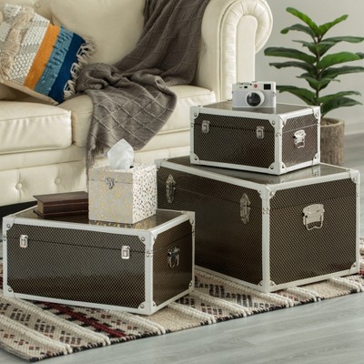 Black Faux Leather and Metal Storage Trunk Set of 3