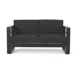 GDFStudio Neffs Outdoor Aluminum Loveseat with Cushions, Dark Gray/Natural/Black - 1 of 4