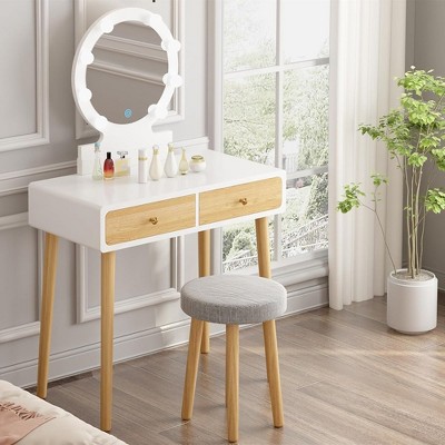 Vanity Desk, Makeup Table with Stool and Drawers, Makeup Vanity Desk with Light, for Living Room, Bedroom, Powder Room, White