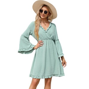 Clearlove Women V Neck Ruffle Bell Sleeve Summer Mini Dresses - 1 of 4