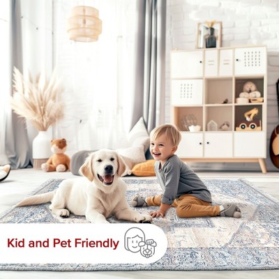 Light Blue Vintage Medallion Fringe Easy-Care Runner Rug