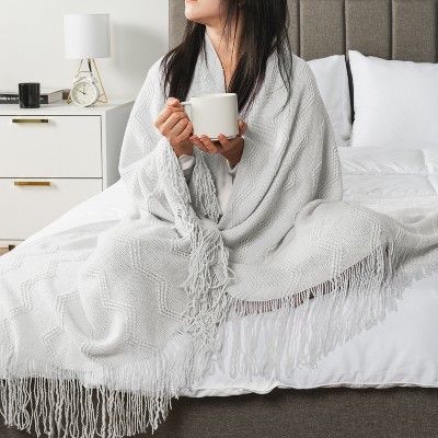 White Twin Knitted Fleece Reversible Throw Blanket