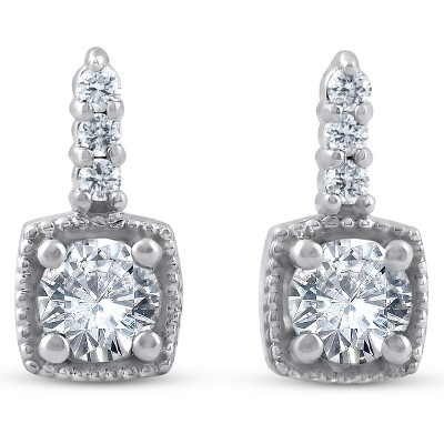 Pompeii3 3/4ct Diamond Cushion Framed Drop Earrings 14k White Gold Petite 11mm Tall