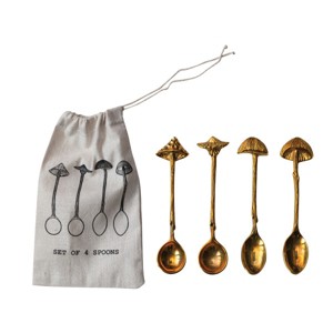 Storied Home 4-Piece Brass Spoons with Mushroom Handles, Gold - 1 of 2